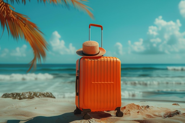 a suitcase on the beach with a hat on it