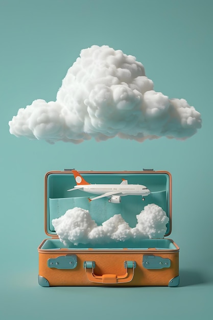 Photo suitcase containing a plane surrounded by clouds in a tranquil minimalist 3d rendering