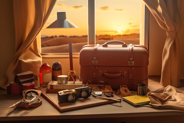 A suitcase on a desk with a sunset in the background