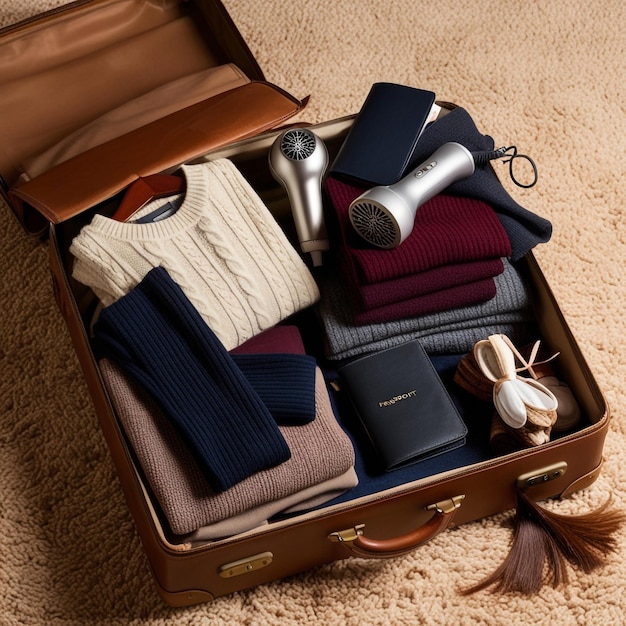 a suitcase full of clothes including a microphone and a microphone