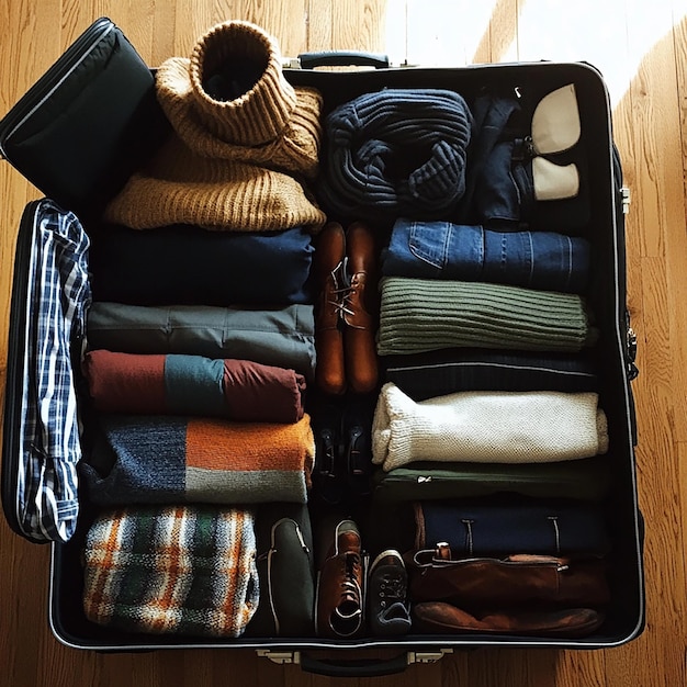 Photo a suitcase full of clothes sits on a wooden floor