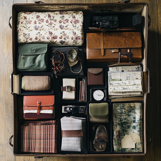 a suitcase full of items including a brown leather bag with a flowered pattern