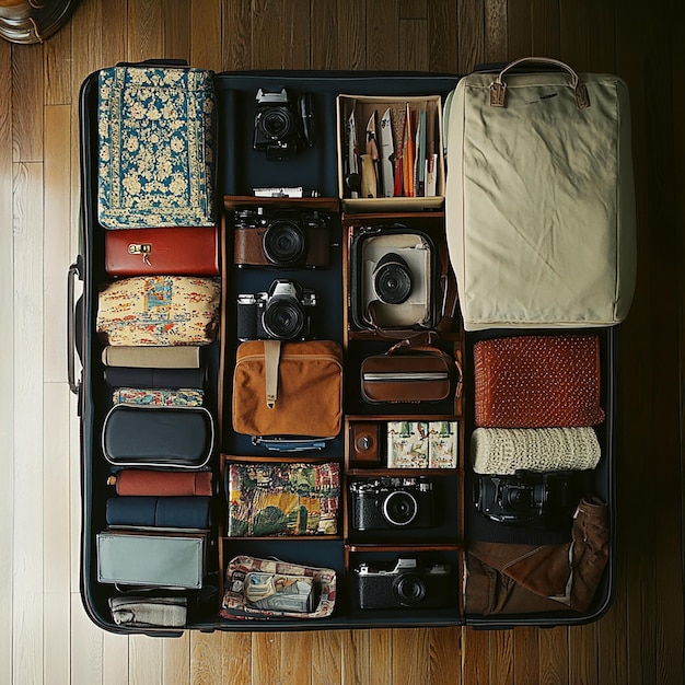 a suitcase full of items including a camera a camera and a camera