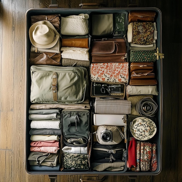 a suitcase full of items including a hat a hat and a camera