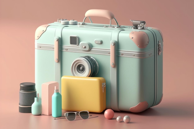 Suitcase full of landmarks and travel accessory on pastel background AI Generation