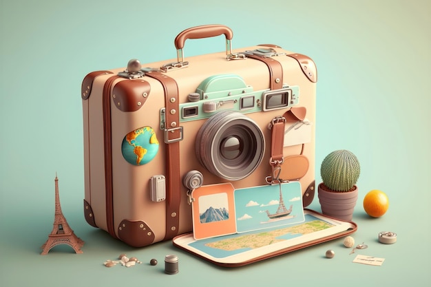 Suitcase full of landmarks and travel accessory on pastel background AI Generation