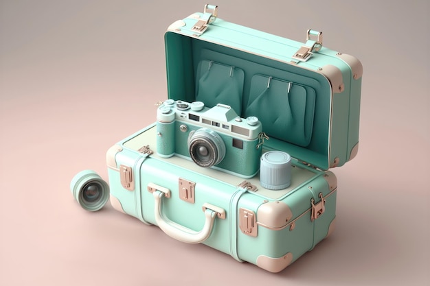 Suitcase full of landmarks and travel accessory on pink background AI Generation