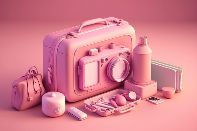 Suitcase full of landmarks and travel accessory on pink background AI Generation