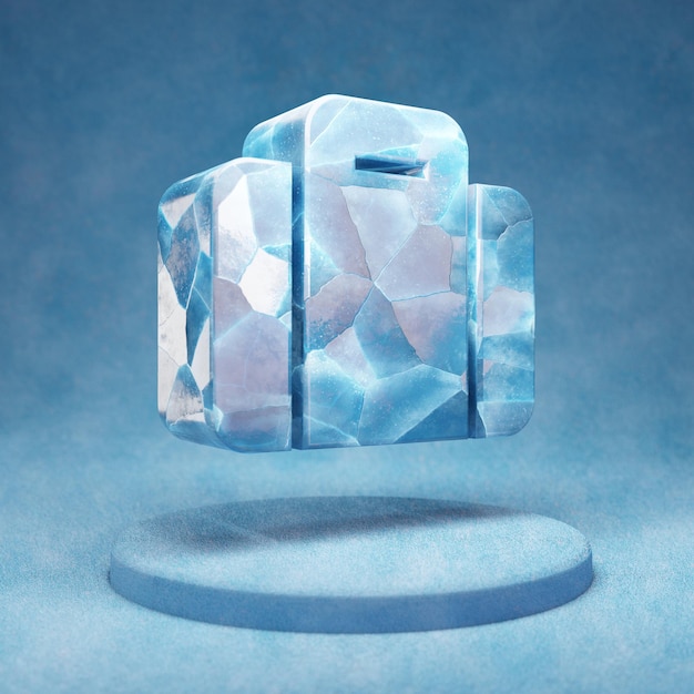 Suitcase icon. Cracked blue Ice Suitcase symbol on blue snow podium. Social Media Icon for website, presentation, design template element. 3D render.