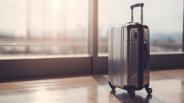 A suitcase is on a wooden floor in front of a window.