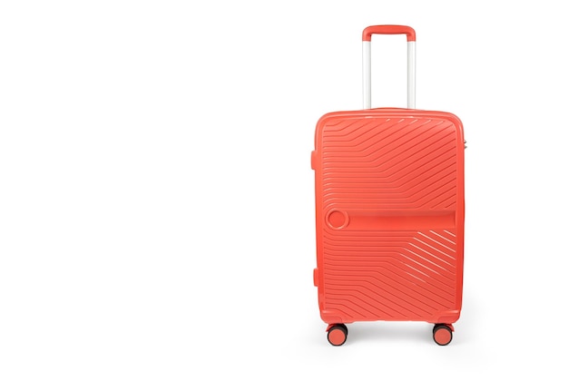 Suitcase isolated on white Red fashionable travel suitcase on white background with shadow Front view