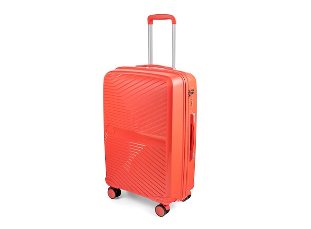 Suitcase isolated on white red fashionable travel suitcase on white background with shadow Threequarter side view