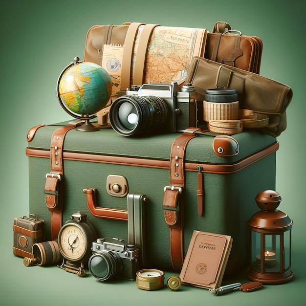 The suitcase packed for adventure isolated on a plain explorer green background