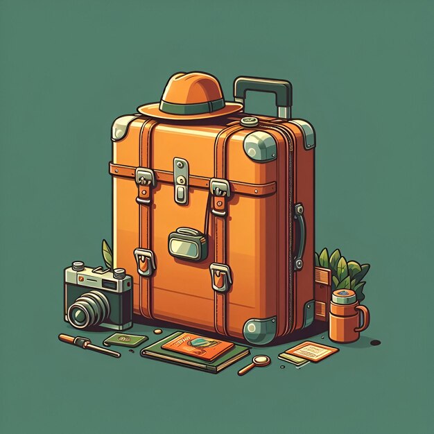 The suitcase packed for adventure isolated on a plain explorer green background