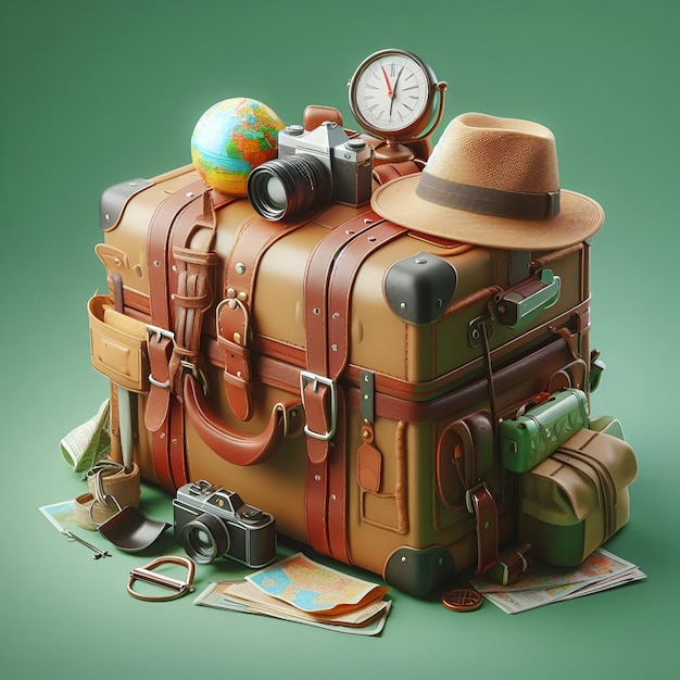 The suitcase packed for adventure isolated on a plain explorer green background