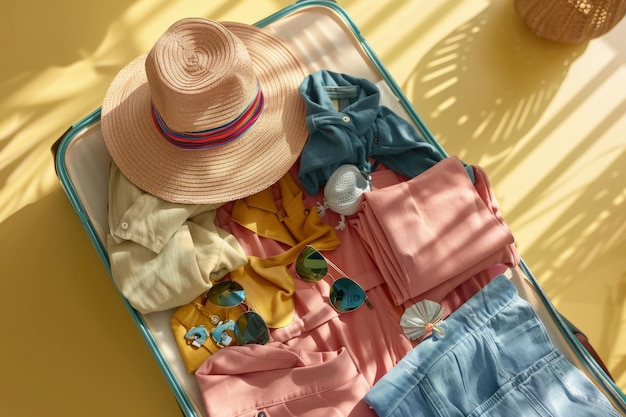 Suitcase Packing Scene Spilled Summer Clothes and Accessories Summer Holiday Concept Top View