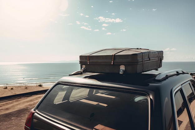 Suitcase on roof of car with view of sunny beach as the destination