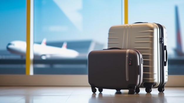 A suitcase sits in front of a window with a plane in the background.