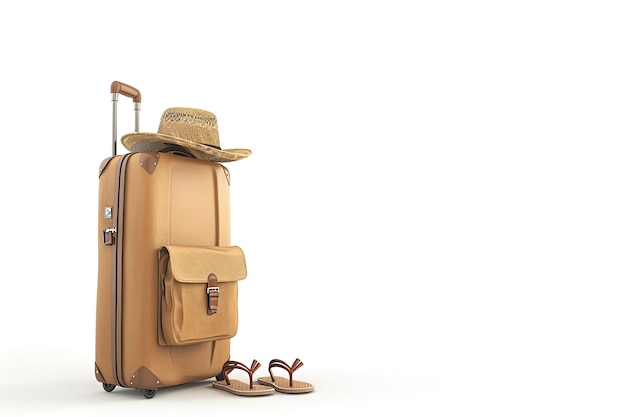 Photo suitcase of a traveler with straw hat and retro film photo camera