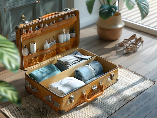 Photo suitcase for traveling open banner inside neatly folded clothes cosmetics shoes