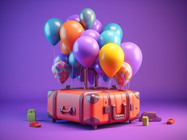 A suitcase with balloons on it and a purple background.