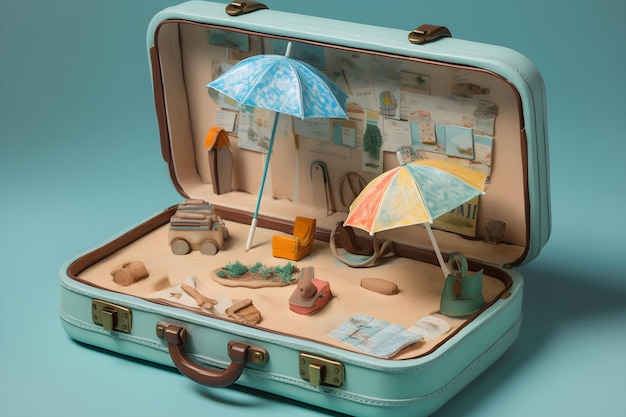 A suitcase with a beach umbrella and a book on it.