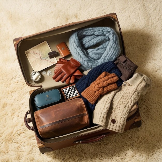 a suitcase with a blue scarf and a watch on the top