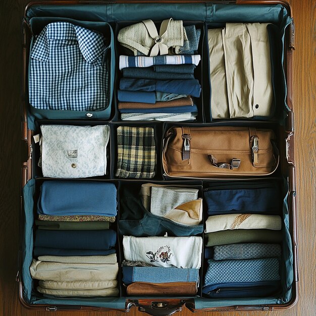 a suitcase with a blue and white checkered shirt and other items