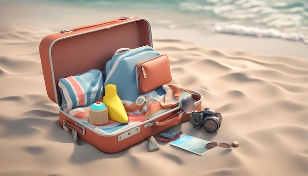 a suitcase with a bottle of alcohol and a bottle of alcohol on the beach