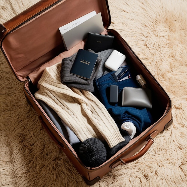 a suitcase with a brown bag of clothes and a book on the bottom