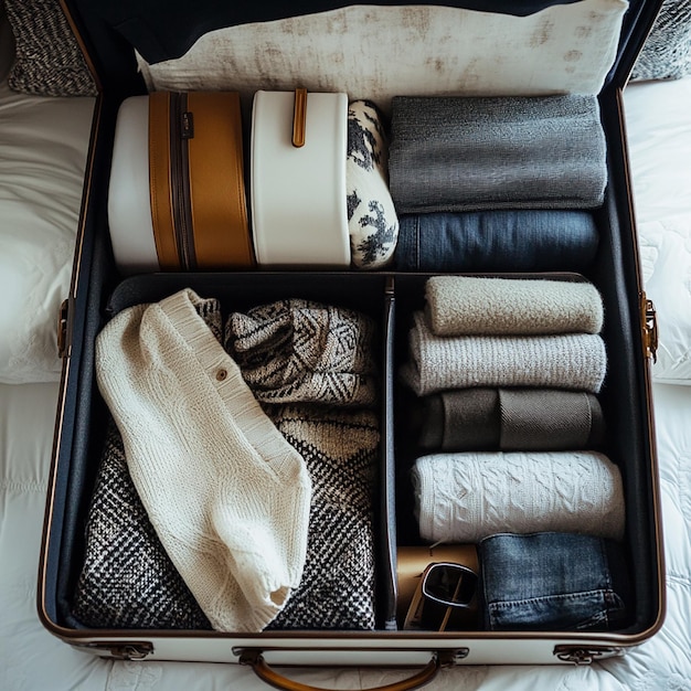 Photo a suitcase with a brown and white pattern and a brown and white bottle