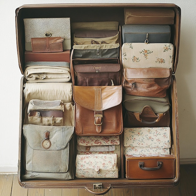 Photo a suitcase with a bunch of different handbags in it