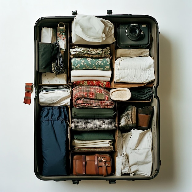 a suitcase with clothes and a camera on the bottom