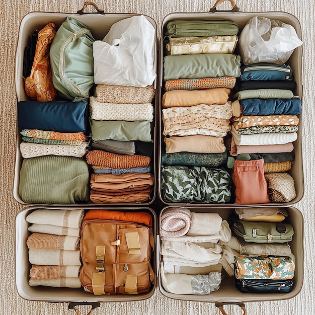 a suitcase with clothes in it including one that has a bag in it