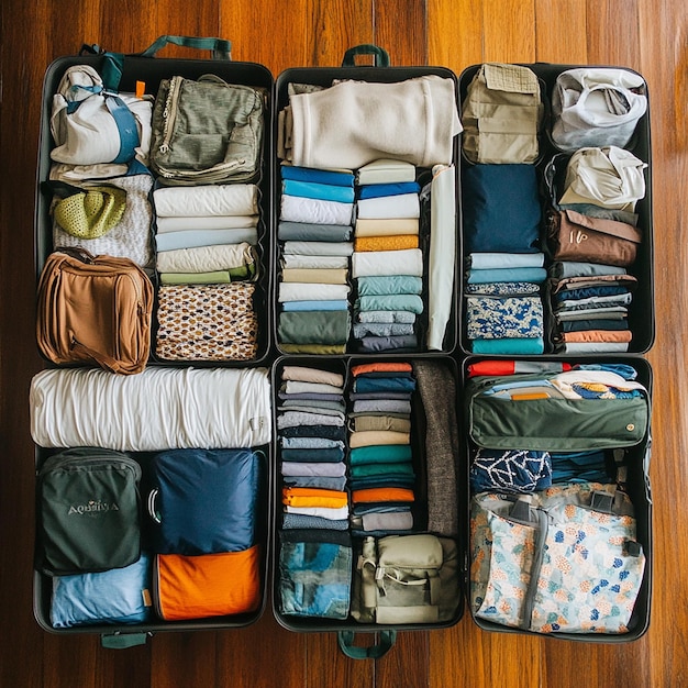 a suitcase with clothes and a pile of folded clothes