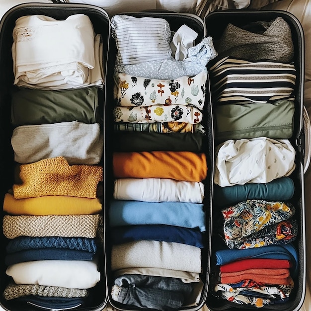 a suitcase with the contents of a variety of clothes including one that says quot the other quot