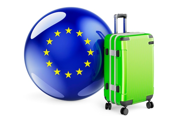 Suitcase with the European Union flag The EU travel concept 3D rendering