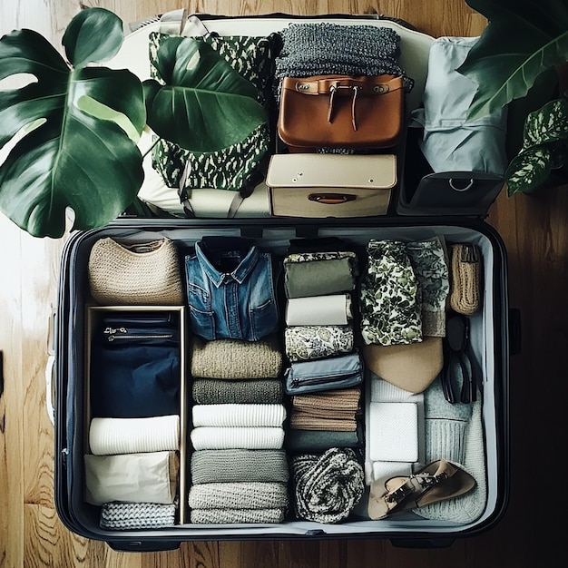 a suitcase with a green leafy plant in the corner