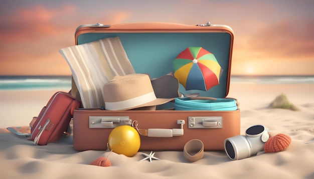 a suitcase with a hat and a beach umbrella