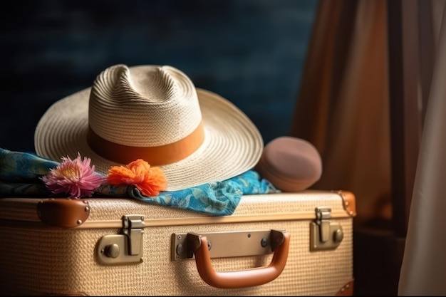 A suitcase with a hat on it and a hat on top.