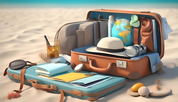 a suitcase with a hat and a straw hat on it