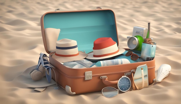 a suitcase with a hat and sunglasses on it and a hat on the top