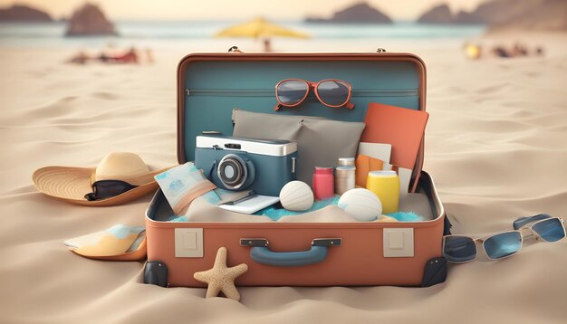 a suitcase with a hat and sunglasses on it is on a beach