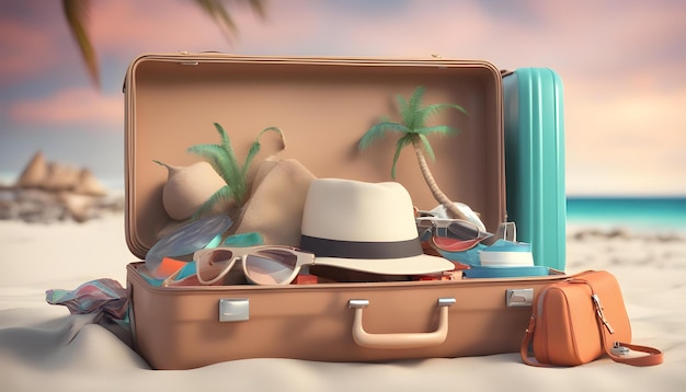 a suitcase with a hat and sunglasses on it and a palm tree in the background