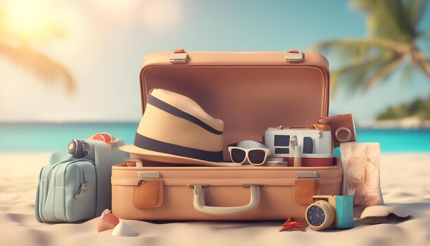 a suitcase with a hat and sunglasses on it