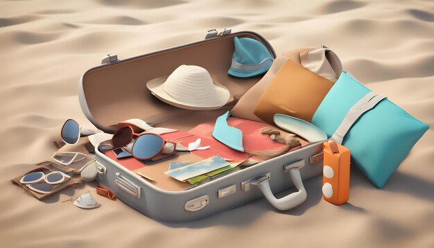 a suitcase with a hat and sunglasses on it