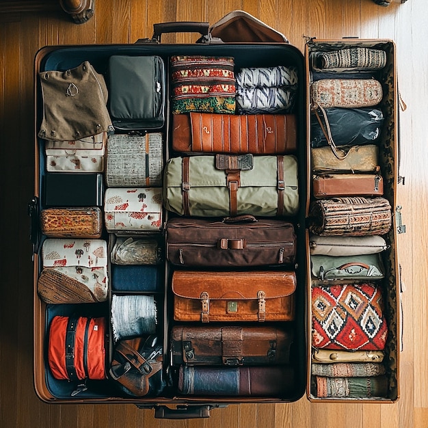 Photo a suitcase with a lot of different items including one that says quot travel quot