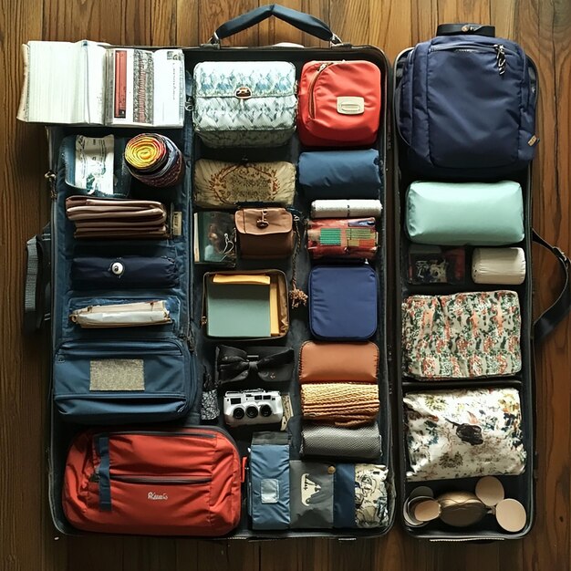 a suitcase with a lot of items including one that says quot travel quot