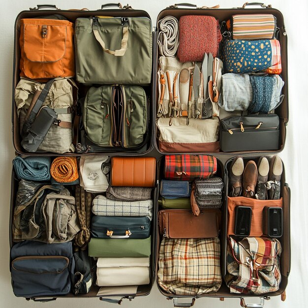 a suitcase with many items including one that says quot travel quot