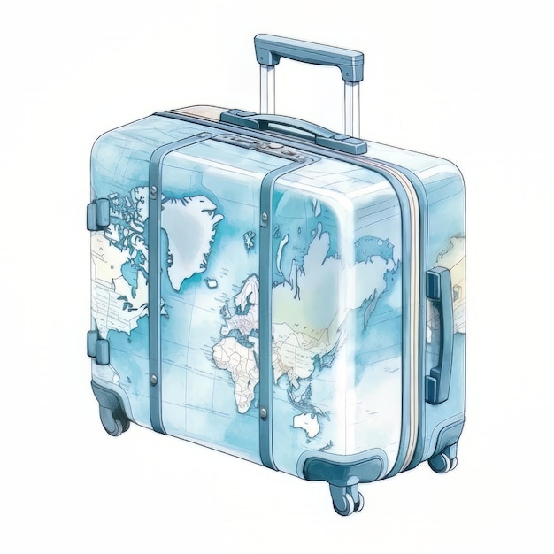 Suitcase with map of the world on a white background